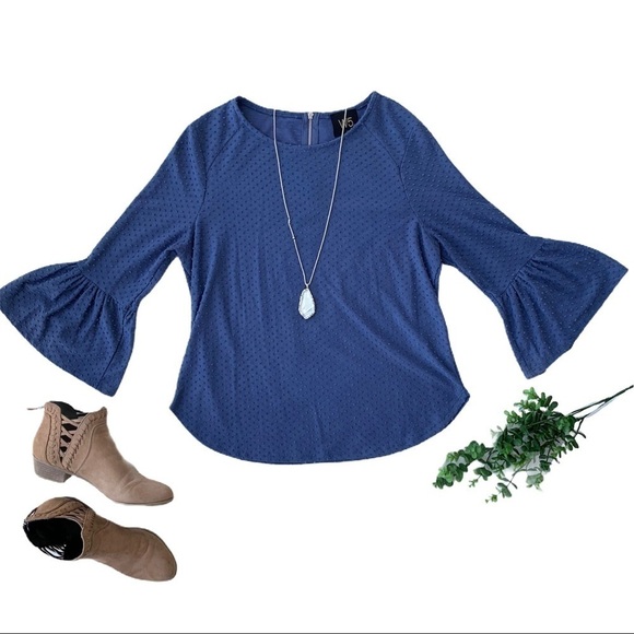 W5 Anthro Blue Swiss Dot Polkadot Textured Bell Sleeve Blouse Size Small - Picture 14 of 14